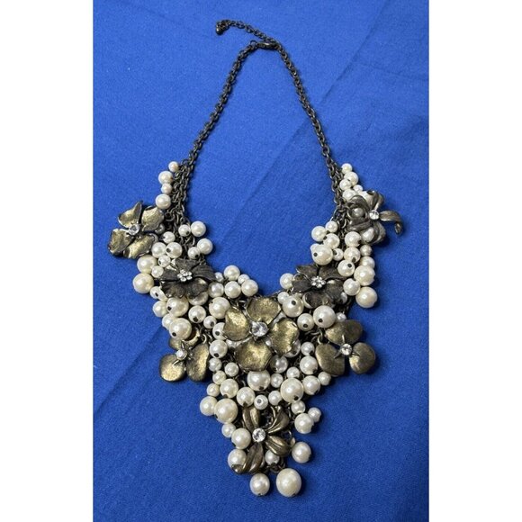 Floral Rhinestone Pearl Cluster Goth Gun Metal Bronze Chain Mail Bib Necklace - Picture 5 of 6